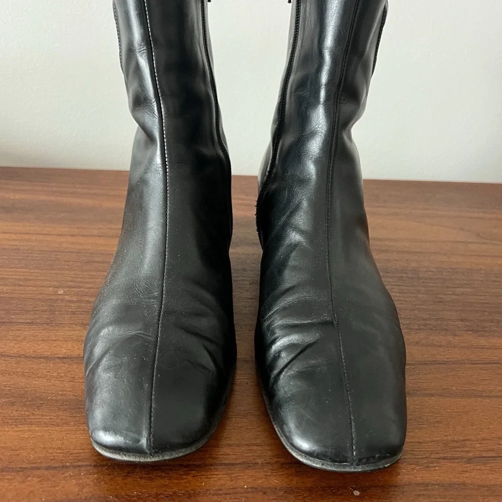 Salvatore Ferragamo Leather Zip Ankle Boots Black‎ Block Heel Women's Size 9.5 B